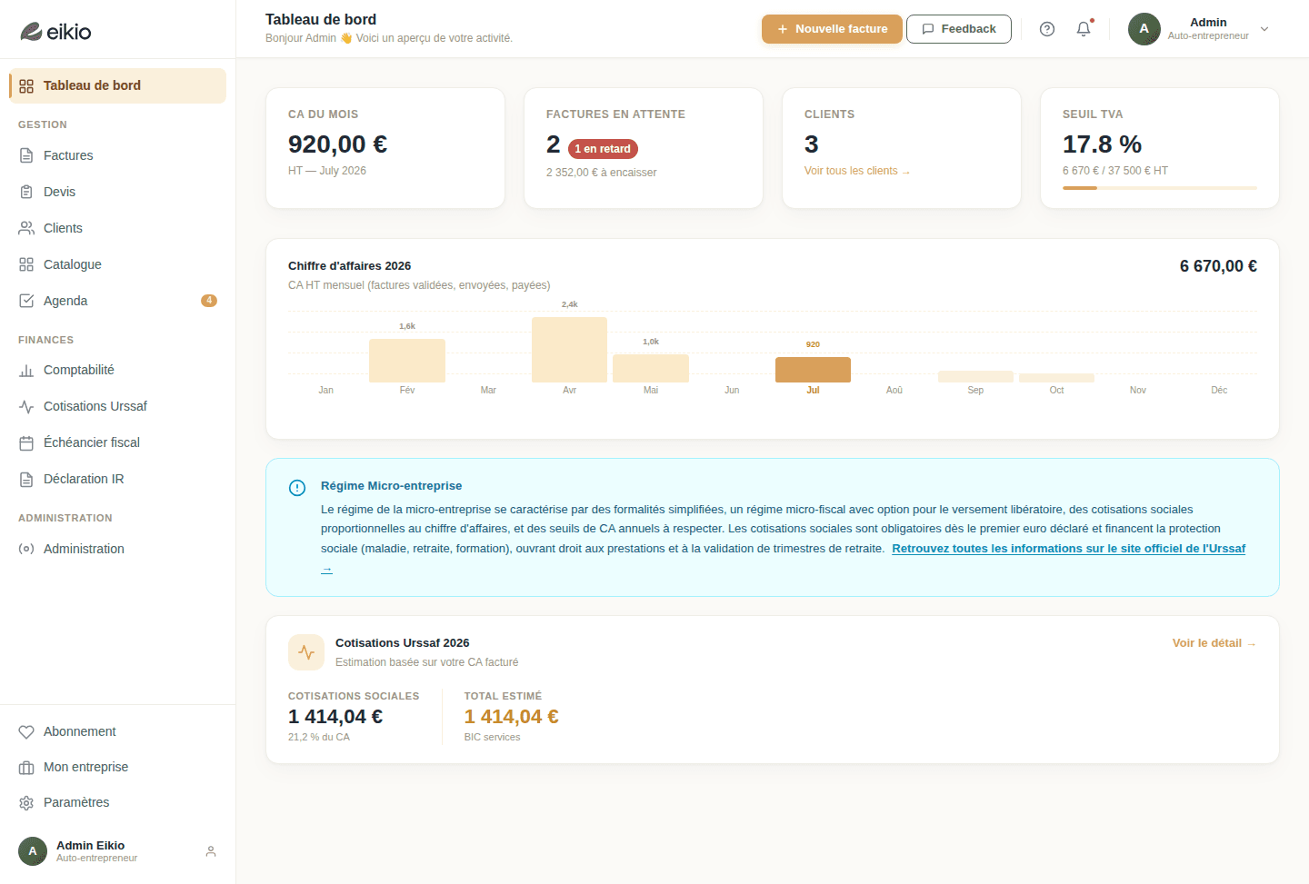 Aperçu du tableau de bord Eikio pour piloter une micro-entreprise