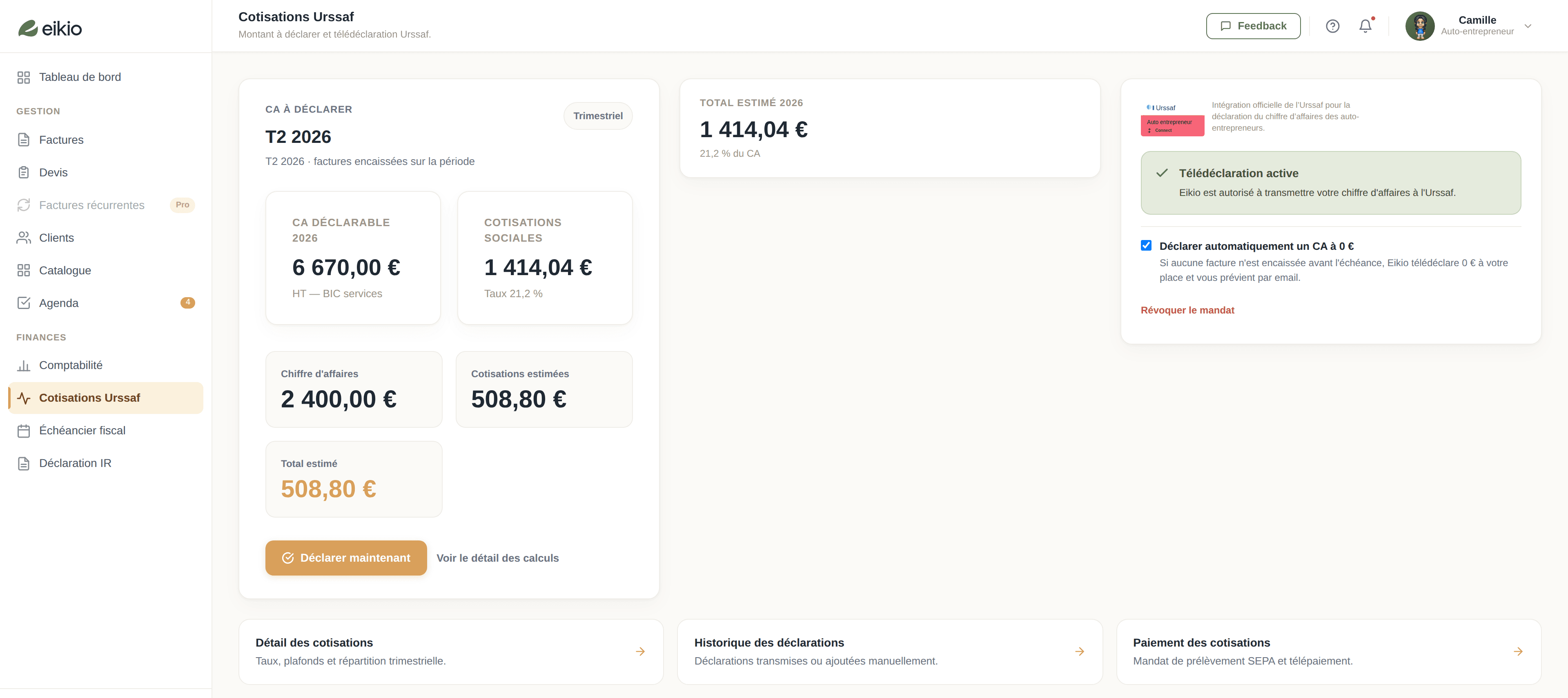 Aperçu de la déclaration Urssaf dans Eikio : chiffre d'affaires à déclarer, cotisations estimées et option de déclaration automatique à 0 €