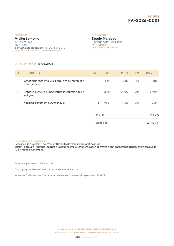 Facture Factur-X réelle générée par Eikio, annotée avec les zones émetteur, destinataire, prestations, totaux et mentions légales