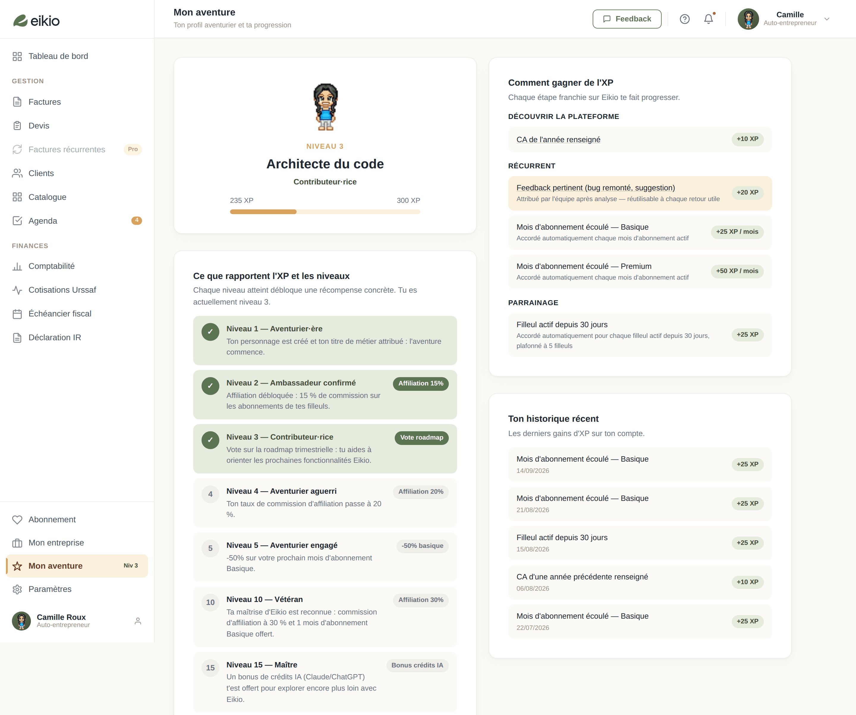 Espace Mon aventure d'Eikio : personnage, niveau, progression en XP, récompenses et historique des points gagnés