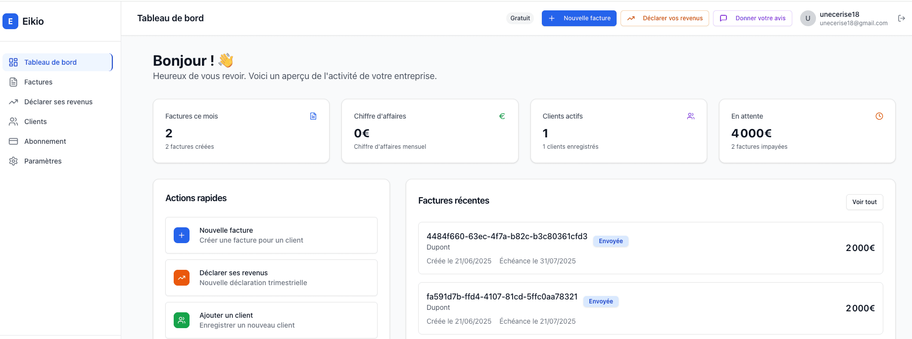 Tableau de bord Eikio