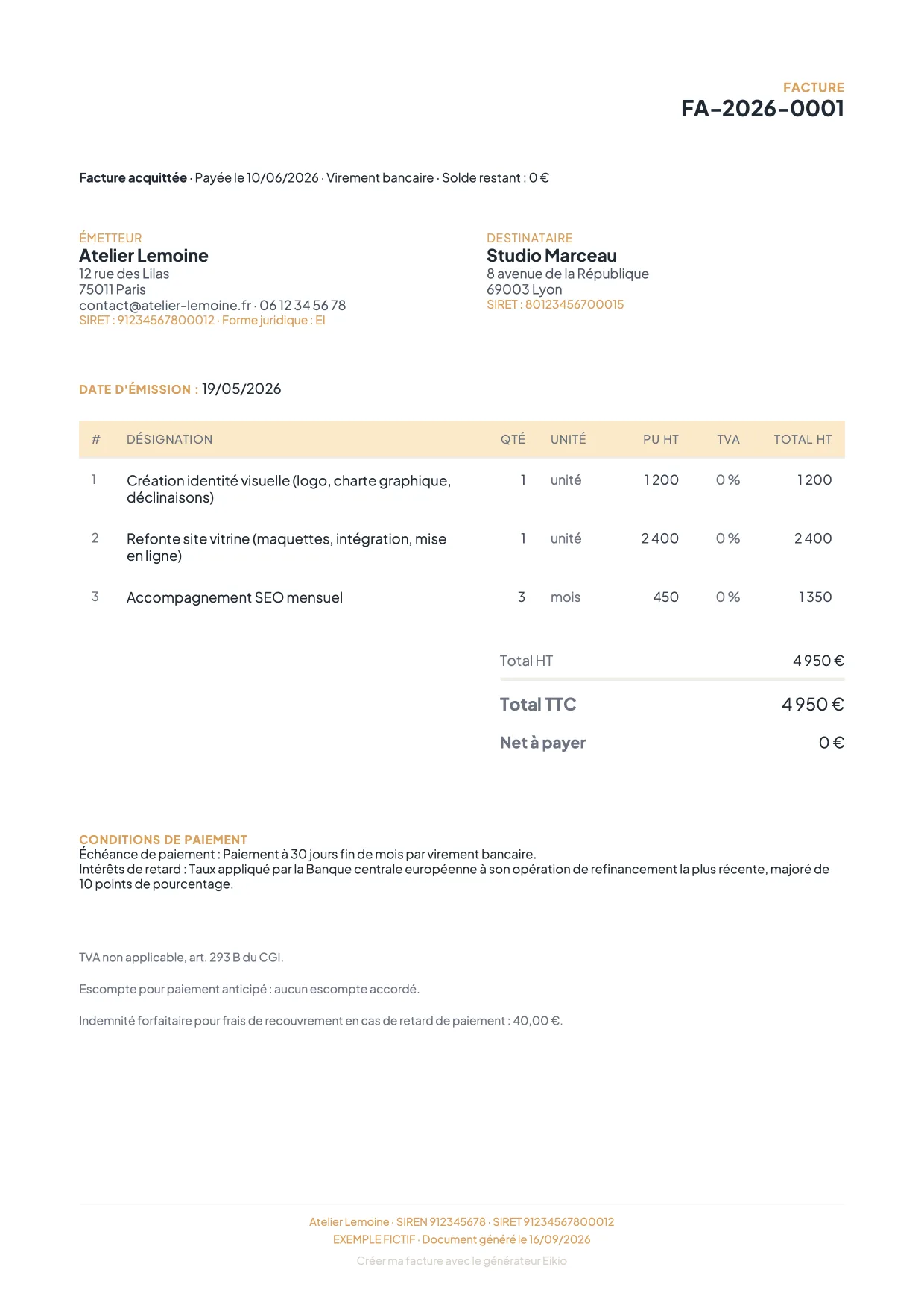 Exemple de facture acquittée d'un micro-entrepreneur avec toutes les mentions obligatoires